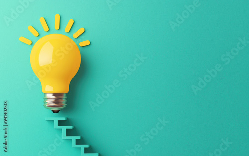 Creative light bulb on turquoise background with staircase symbolism, representing ideas, innovation, and progress. Ideal for business or educational themes.