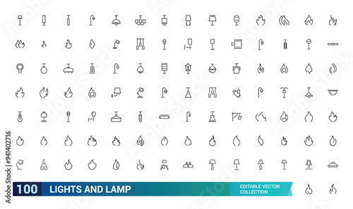 Lights and lamp web and ui icon set. Thin line web icon set. Collection and pack of linear web and ui icons. Editable stroke. Vector illustration.