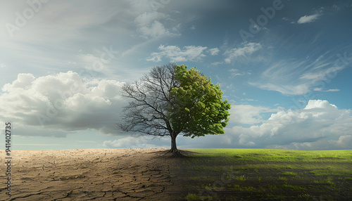 Concept of climate changing. Half dead and alive tree outdoors
