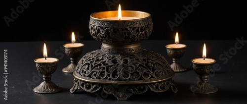 An ornate metal candle holder with glowing candles, perfect for creating a serene and warm atmosphere for events or rituals.