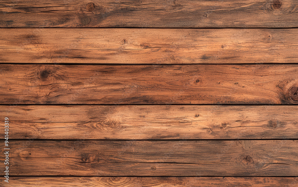 Fototapeta premium Close-up of a rustic wooden plank surface with rich texture and natural patterns, perfect for backgrounds, design elements, or interior decor inspiration.