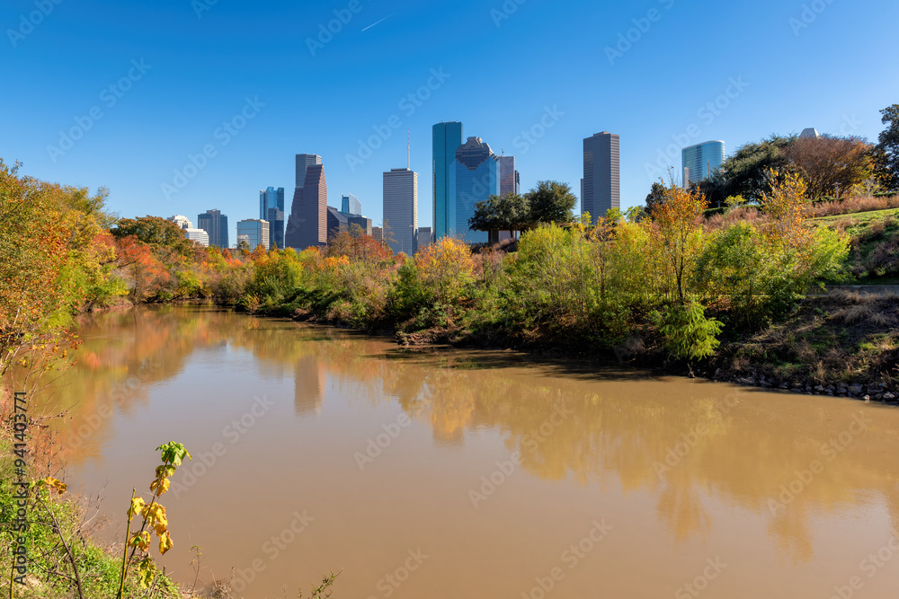 Houston skyline at sunny autumn day in Buffalo Bayou Park, Houston, Texas, USA