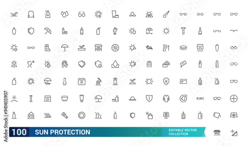 Sun protection icon set. Containing sunglasses, sunscreen, sunblock, beach umbrella and more solid icons. Collection and pack of linear web and ui icons. Editable stroke. Vector illustration.