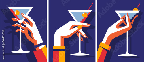 A set of poster design templates for a summer party. A martini glass in a woman's hand. Vector illustration in a minimalistic style.