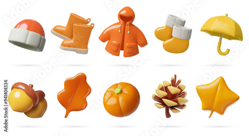 Autumn seasonal clothes and plants 3d vector icons collection. Cute three dimensional yellow and orange plastic objects set isolated on white background.