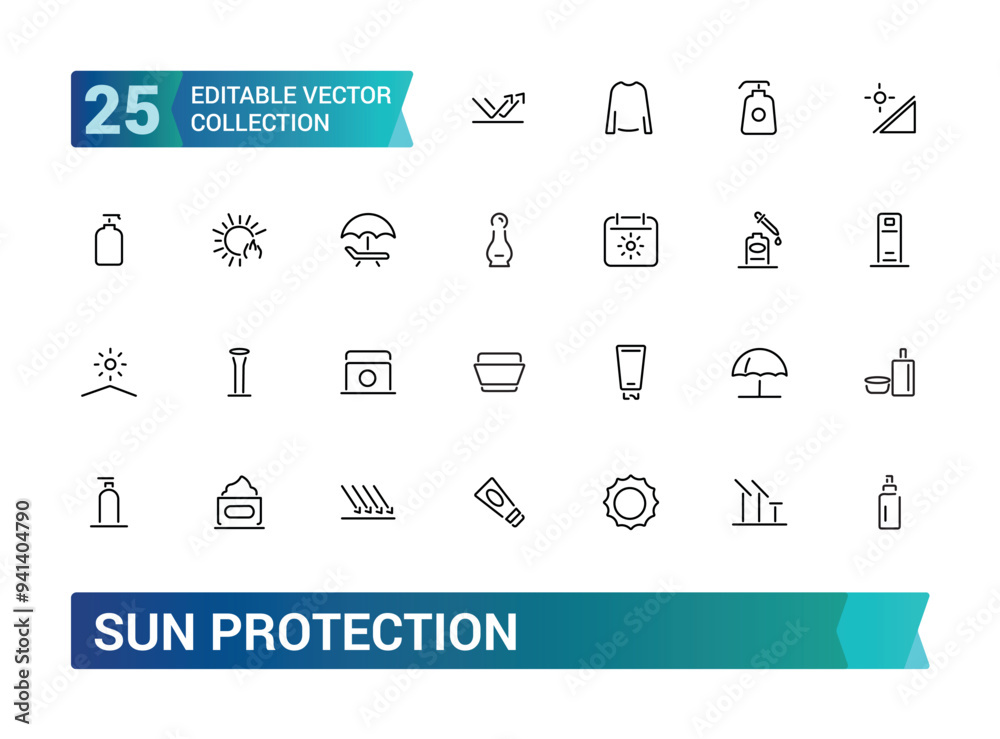 Sun protection icon set. Containing sunglasses, sunscreen, sunblock, beach umbrella and more solid icons. Collection and pack of linear web and ui icons. Editable stroke. Vector illustration. Sun protection icon set. Containing sunglasses, sunscreen, sunblock, beach umbrella and more solid icons. Collection and pack of linear web and ui icons. Editable stroke. Vector illustration.