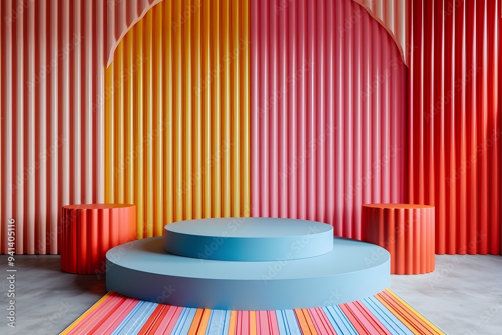 Vibrant and Playful Studio Space with Colorful Textured Walls and Circular Platforms Vibrant and Playful Studio Space with Colorful Textured Walls and Circular Platforms