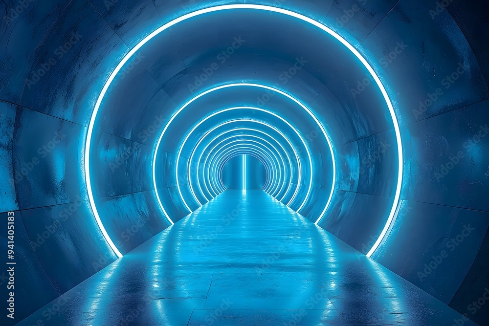 Fototapeta premium Futuristic Blue Neon Tunnel with Circular Lights