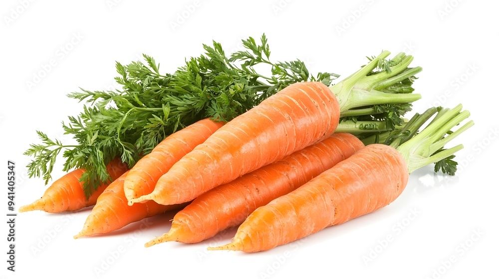 Fresh organic carrots on a white background with green leaves Fresh organic carrots on a white background with green leaves