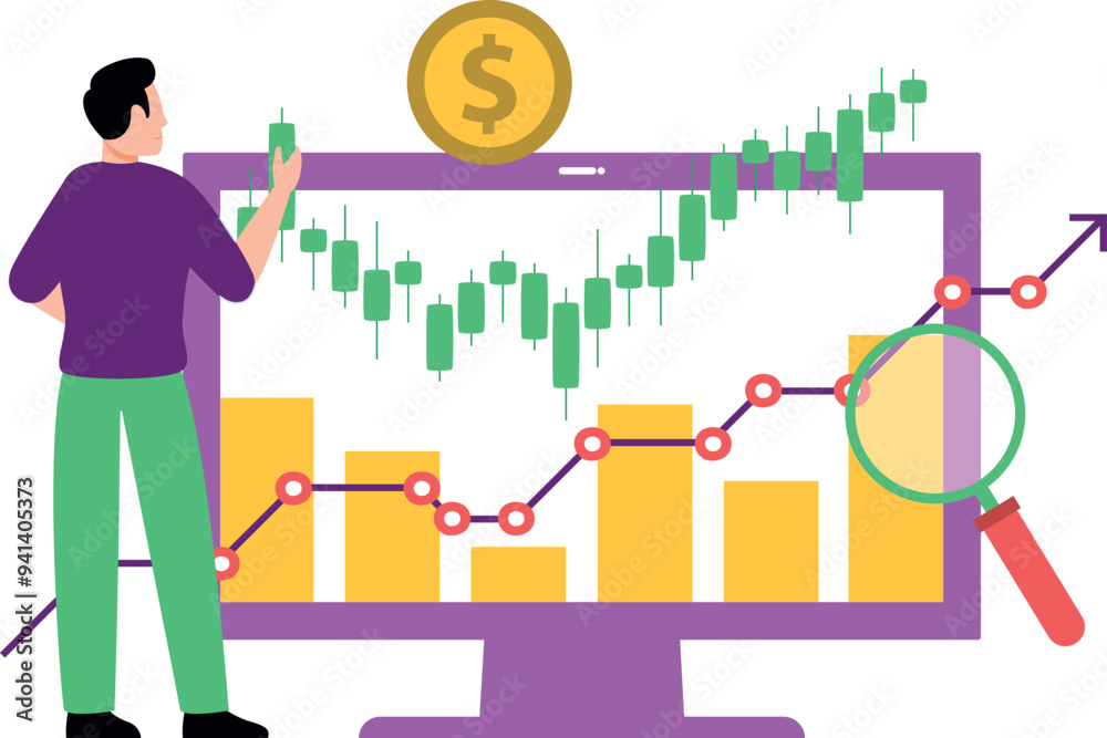 The boy is looking at the analytical graph of dollars. The boy is looking at the analytical graph of dollars.