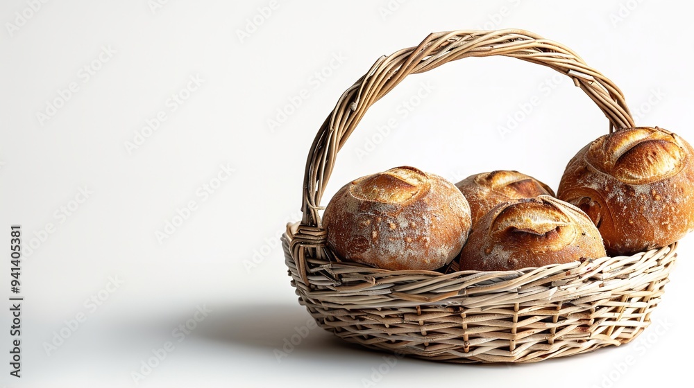 Rolls basket with space for writing or a backdrop and a close-up on a spotlessly white studio background, Generative AI. Rolls basket with space for writing or a backdrop and a close-up on a spotlessly white studio background, Generative AI.