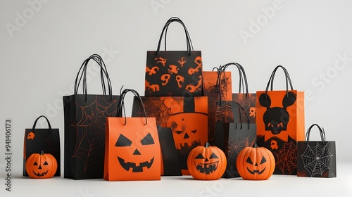 3D Render of Assorted Halloween Treat Bags with Spooky Designs photo