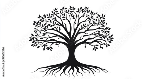 Graceful black tree silhouette with flowing roots, isolated on a white background for modern and stylish vector illustrations.