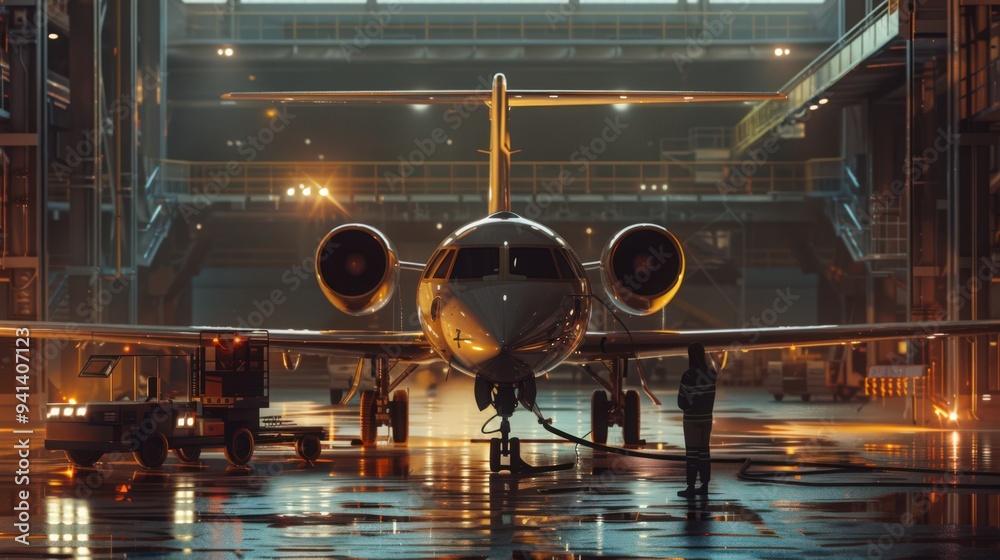 Depict a private jet being serviced by ground crew in a high-end ...
