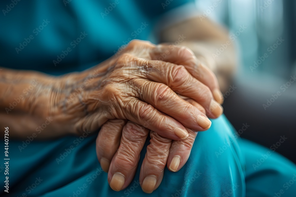 Fototapeta premium The Gentle Hands of Time: A Close-Up of Elderly Hands Resting Together