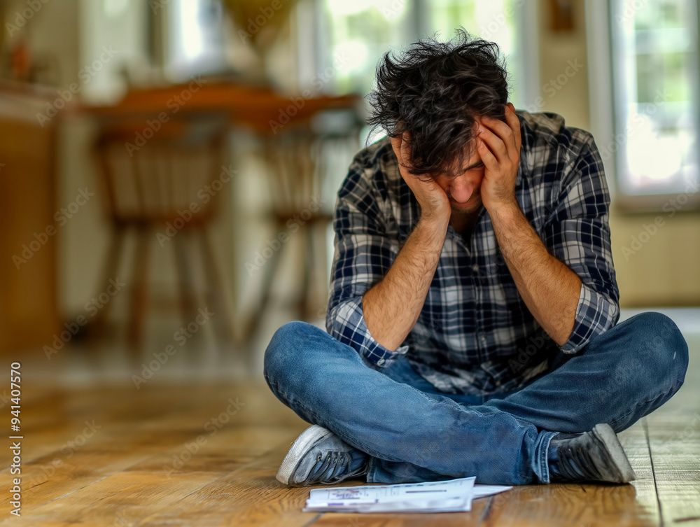 A man sits on the floor with his head in his hands, looking at a piece of paper. He is in a state of distress or frustration A man sits on the floor with his head in his hands, looking at a piece of paper. He is in a state of distress or frustration