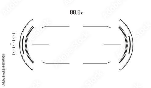 Minimalist digital binocular interface with HUD elements and magnification indication.