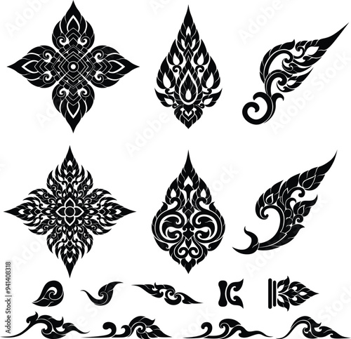 Thai Pattern Motif in Silhouette Flat Illustration for Asian Art Style Decoration