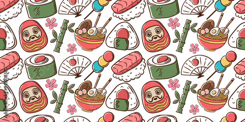 Seamless Japanese Cuisine and Culture Pattern Background with Sushi, Ramen, and Daruma Dolls Icon. Japanese food seamless pattern background