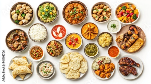 Ramadan iftar food set collection isolated on white background. Assorted of Arabic and Indian foods. top view, close up. Indian and Pakistani many food set. samosas, chicken curry, steak, kebab, naan
