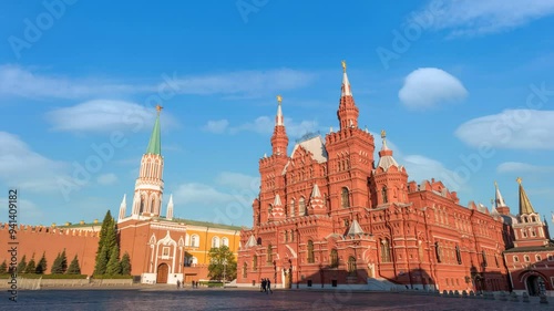 Moscow Russia time lapse city skyline at Red Square with State Historical Museum and Nikolskaya Tower