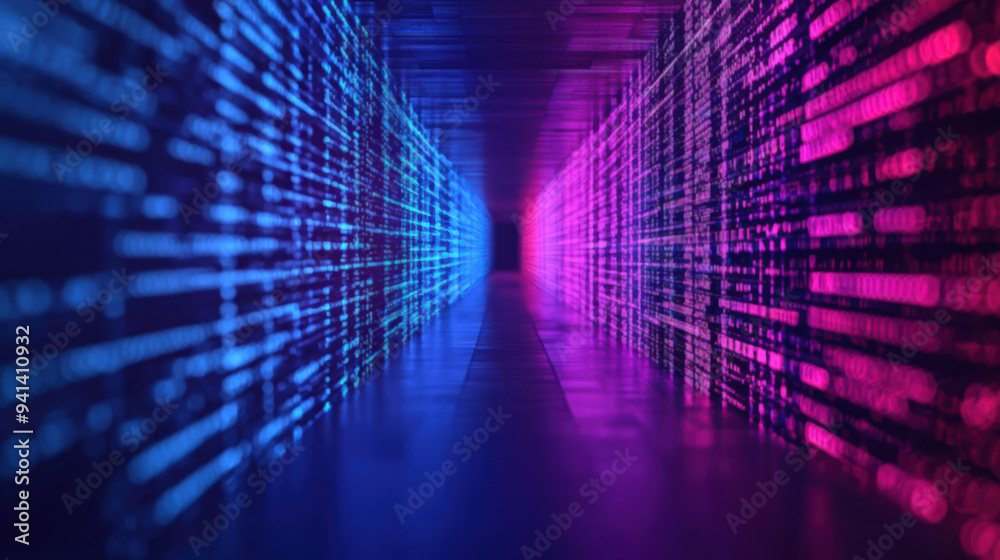 Futuristic corridor with vibrant blue and pink digital lights, symbolizing modern technology, innovation, and data flow in a cyber space environment.