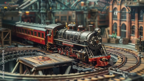 Depict a steam locomotive at a railway turntable, showcasing the mechanics and engineering of the era photo