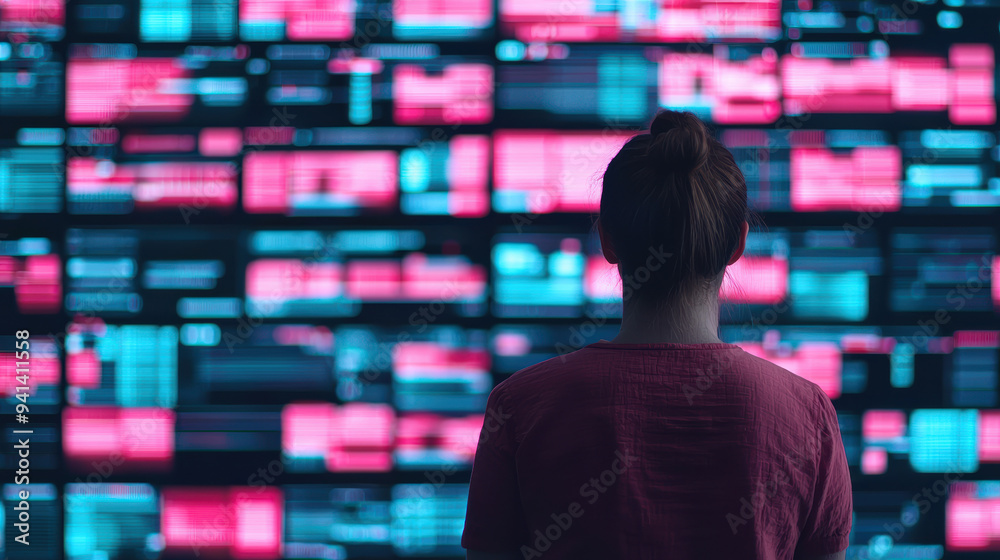 Person viewing a large digital display of data and graphs in a dimly lit room highlighting technology and information analysis. Person viewing a large digital display of data and graphs in a dimly lit room highlighting technology and information analysis.