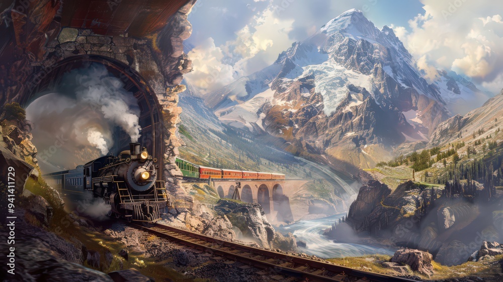Depict a steam locomotive passing through a mountain tunnel, emerging ...