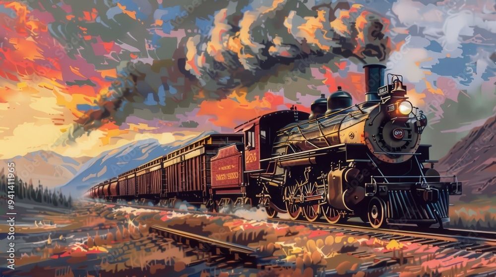 Depict a steam locomotive pulling a freight train, highlighting the importance of rail transport in history. Depict a steam locomotive pulling a freight train, highlighting the importance of rail transport in history.