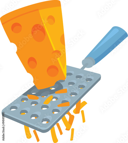 Big piece of cheese is being grated with a metal grater, making thin cheese strips