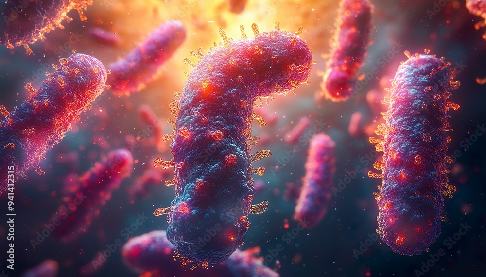 Fototapeta premium Exploring the Intricacies of Bacterial Life: A Detailed 3D Visualization of Microscopic Entities