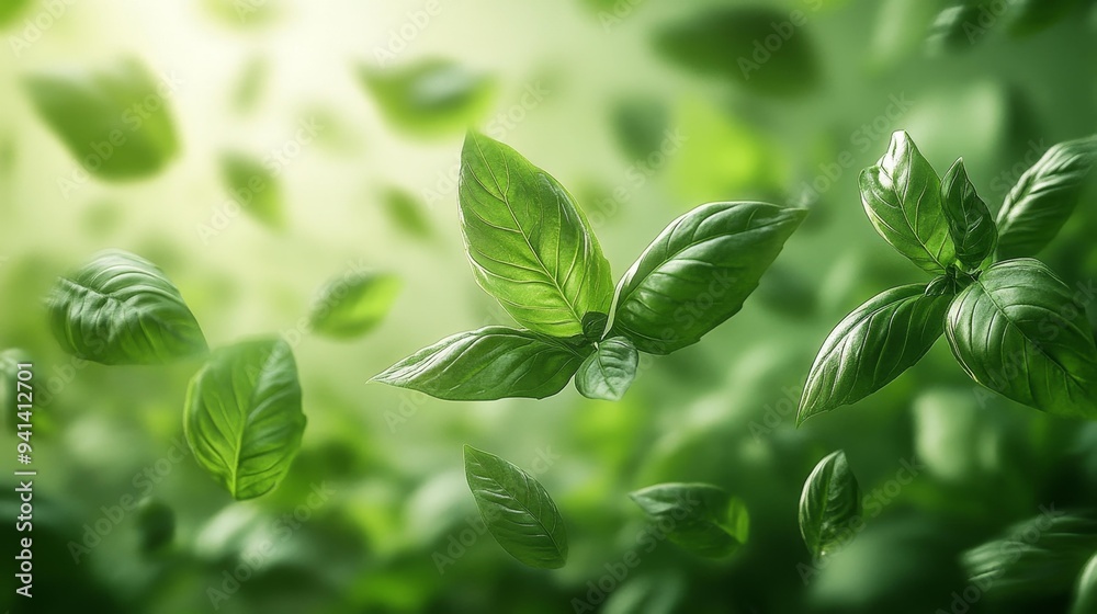 Fresh Green Basil Leaves Floating in the Air Generative AI