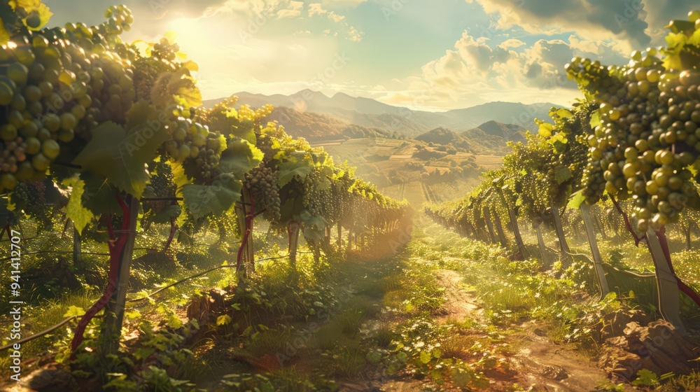 Naklejka premium Depict a sunny day at a vineyard, with rows of grapevines bathed in sunlight, ripe grapes ready for harvest,