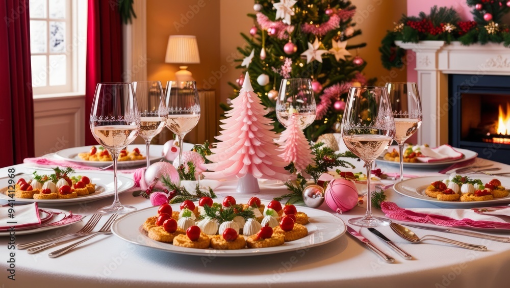 Festive table for Christmas dinner with champagne glasses, candles, fireplace with garland, decorated Christmas tree with balls and lights. Festive table for Christmas dinner with champagne glasses, candles, fireplace with garland, decorated Christmas tree with balls and lights.