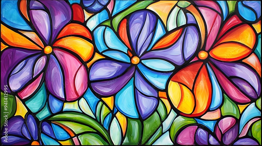 Vibrant Floral Stained Glass Mosaic Background with Botanical Shapes and Patterns Vibrant Floral Stained Glass Mosaic Background with Botanical Shapes and Patterns