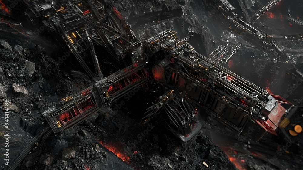 A detailed view of a futuristic mining facility exploring volcanic terrain during a cosmic expedition A detailed view of a futuristic mining facility exploring volcanic terrain during a cosmic expedition