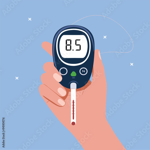 Hand Holding Glucometer Showing Blood Sugar Level. A hand holding a glucometer displaying a blood sugar level reading of 8.5, symbolizing diabetes monitoring and health care.