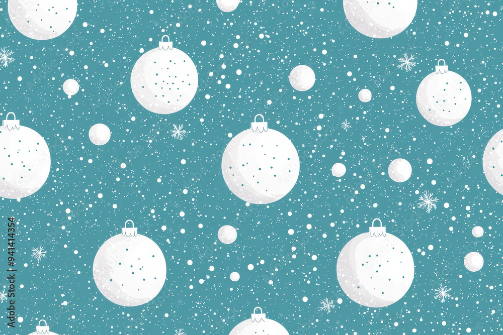 festive pattern featuring white Christmas ornaments and snowflakes on a teal background, perfect for holiday decorations, wrapping paper, and designs. festive pattern featuring white Christmas ornaments and snowflakes on a teal background, perfect for holiday decorations, wrapping paper, and designs.