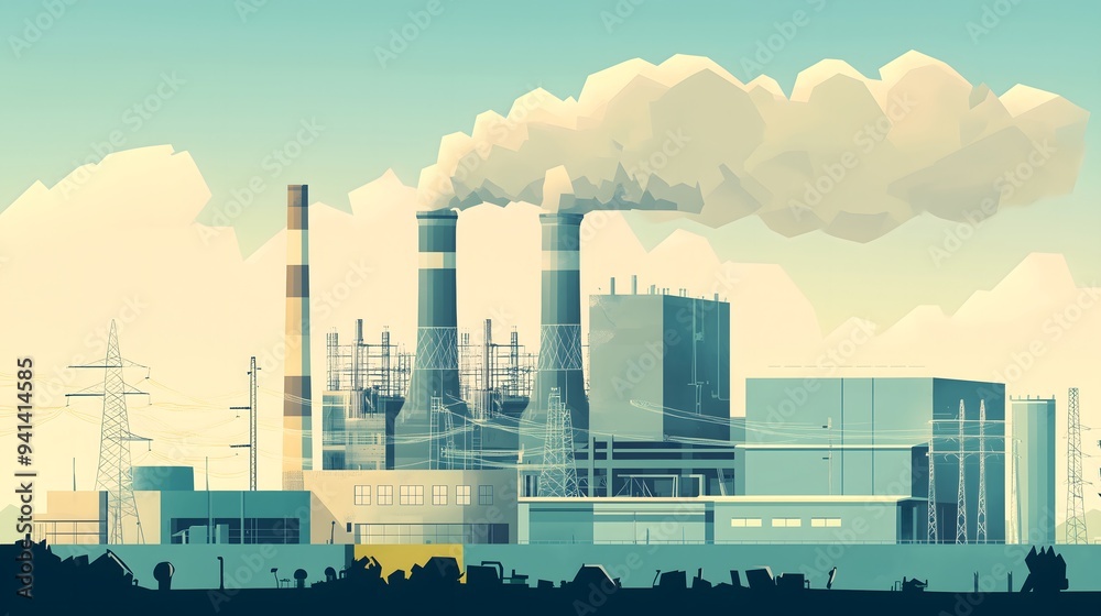 Obraz premium modern nuclear power The illustration features harsh lighting, bold lines, and a vintage science