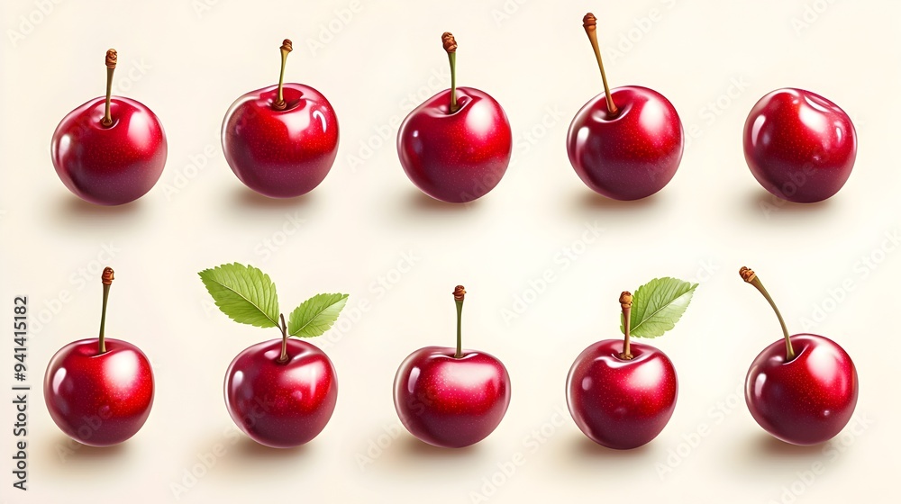 Ripe Red Cherries Hanging on Branch with Green Leaves Ripe Red Cherries Hanging on Branch with Green Leaves