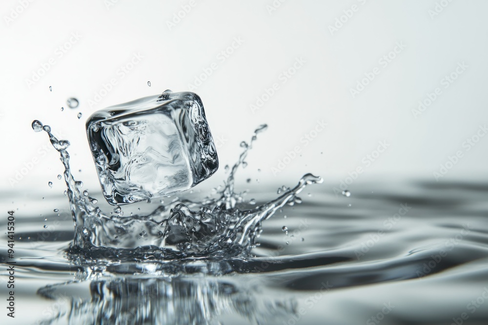 Ice Cube Splashing into Water with Water Droplets Ice Cube Splashing into Water with Water Droplets