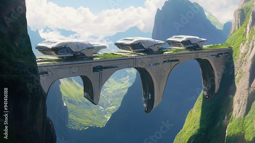 Futuristic transport pods travel on a sleek elevated bridge over a lush green valley in a breathtaking mountainous landscape photo