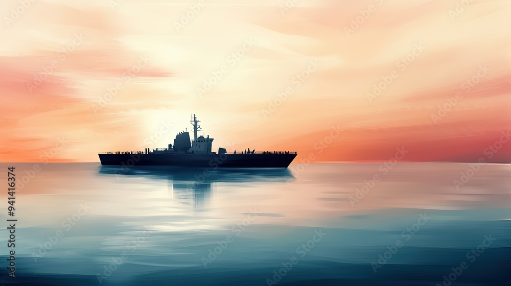 A naval ship sails peacefully on calm waters during sunset, displaying vibrant sky colors and serene reflections A naval ship sails peacefully on calm waters during sunset, displaying vibrant sky colors and serene reflections