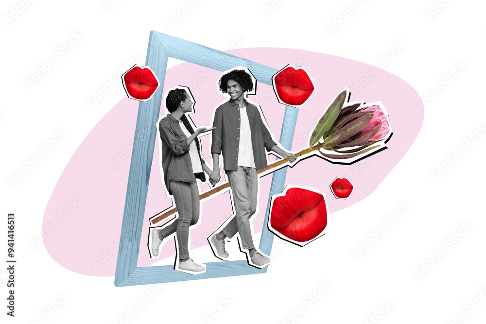 Φωτογραφία Photo collage artwork picture of dreamy happy couple having date walking photo f