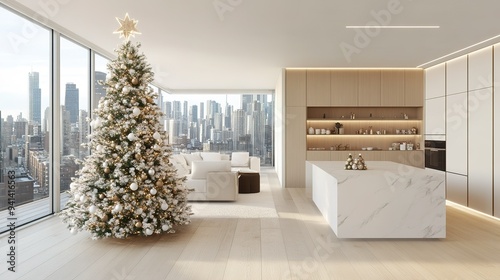 Modern urban kitchen decorated for Christmas with a beautifully adorned tree and stunning city skyline view at twilight