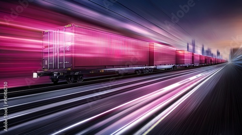 A freight train speeds through an urban landscape at dusk, creating a vibrant blur of colors along the tracks