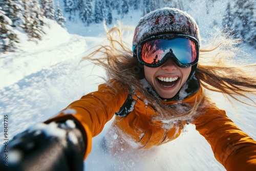 A Snowboarder's Selfie With a Bright Smile in a Snowy Mountain Landscape photo