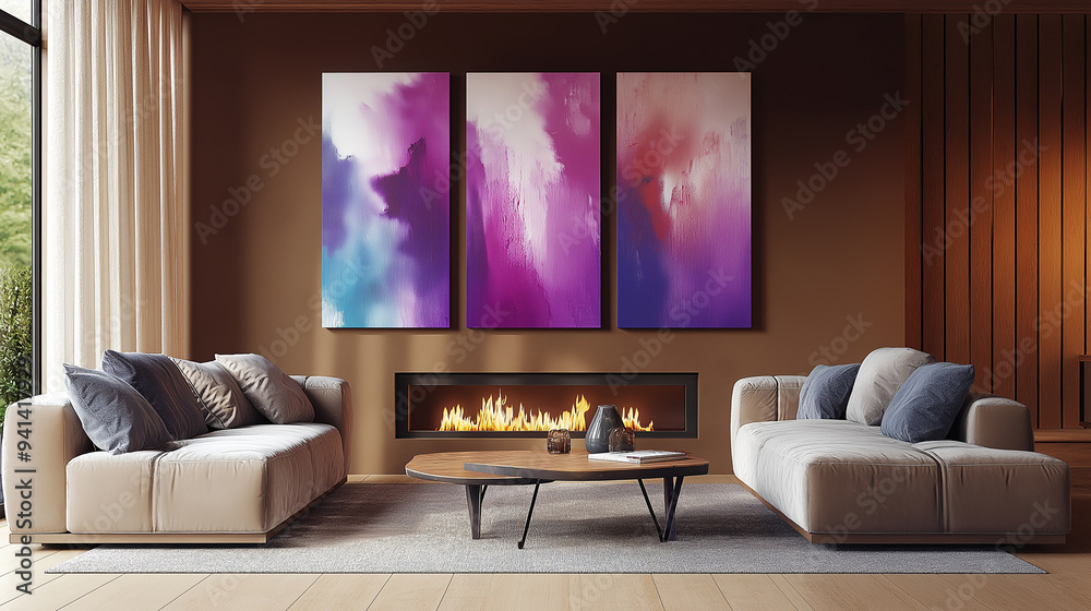 Vertical paintings of interior design modern apartment living room background brown wooden wall. 3-part painting with purple brushstroke table prepared for room decoration. Sample room for real estate Vertical paintings of interior design modern apartment living room background brown wooden wall. 3-part painting with purple brushstroke table prepared for room decoration. Sample room for real estate
