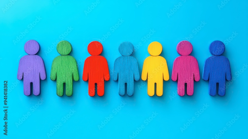 Colorful wooden figures arranged in a line against a blue background Colorful wooden figures arranged in a line against a blue background